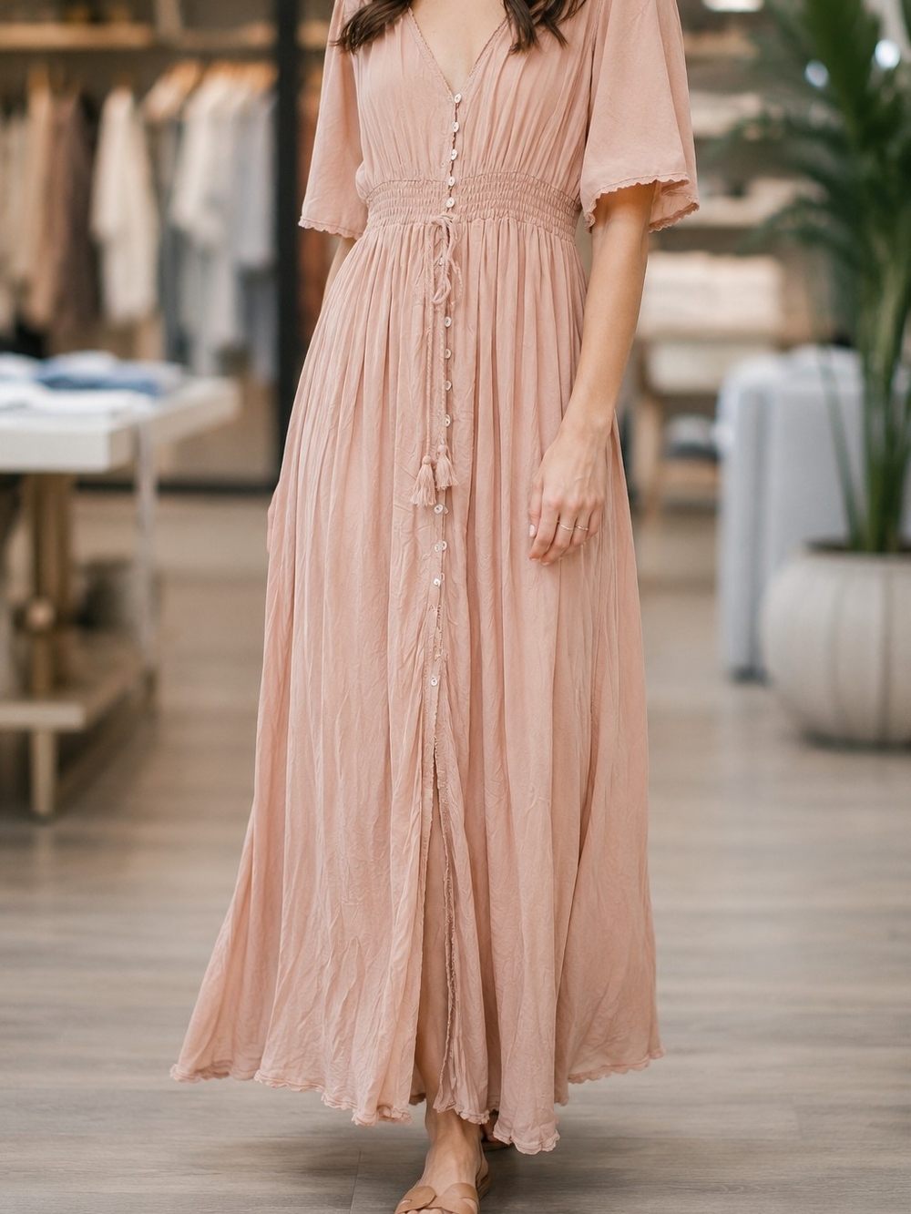 Blush Pink Maxi Dress with Button Front
